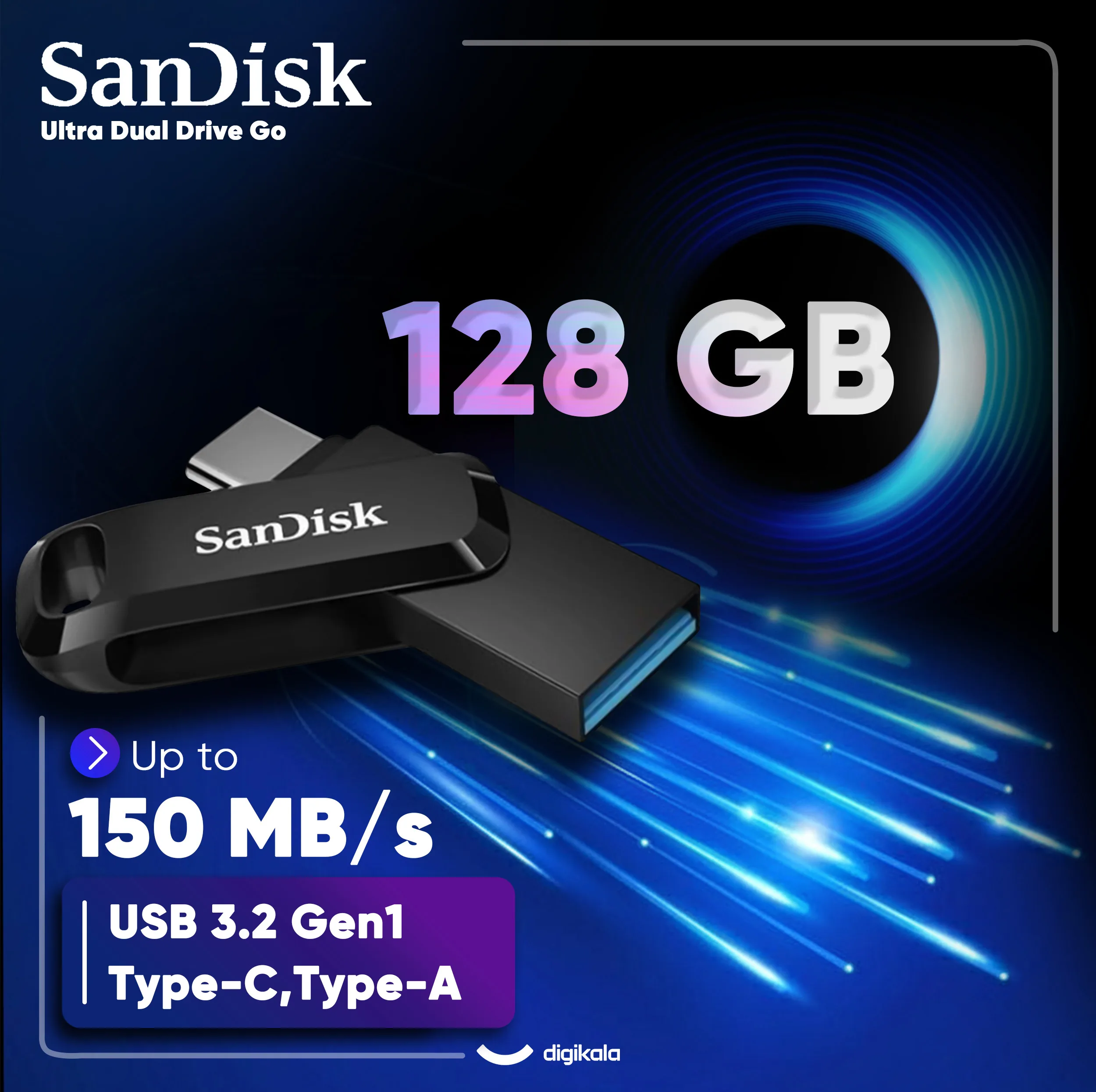 فلش مموری دو رابط سن دیسک مدل Ultra Dual Drive Go ظرفیت 128 گیگابایت با USB 3.2 Gen1، طراحی چرخشی، بدنه فلزی، سازگار با گوشی، تبلت، کامپیوتر و تلویزیون