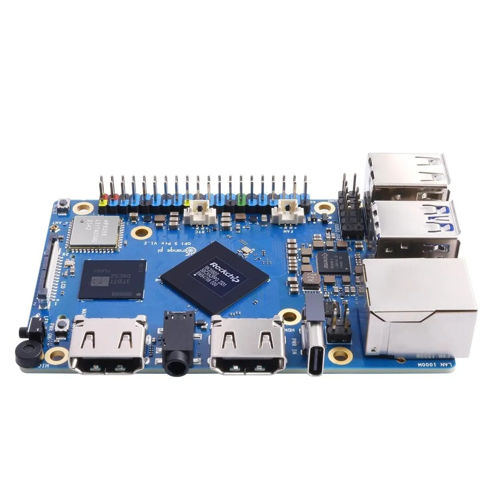 کامپیوتر کوچک اورنج پای مدل پرو با پردازنده Cortex 8core 64-bit processor حافظه بدون حافظه داخلی با ظرفیت بدون حافظه داخلی رم LPDDR5 با ظرفیت 16 گیگابایت پردازنده گرافیکی ARM