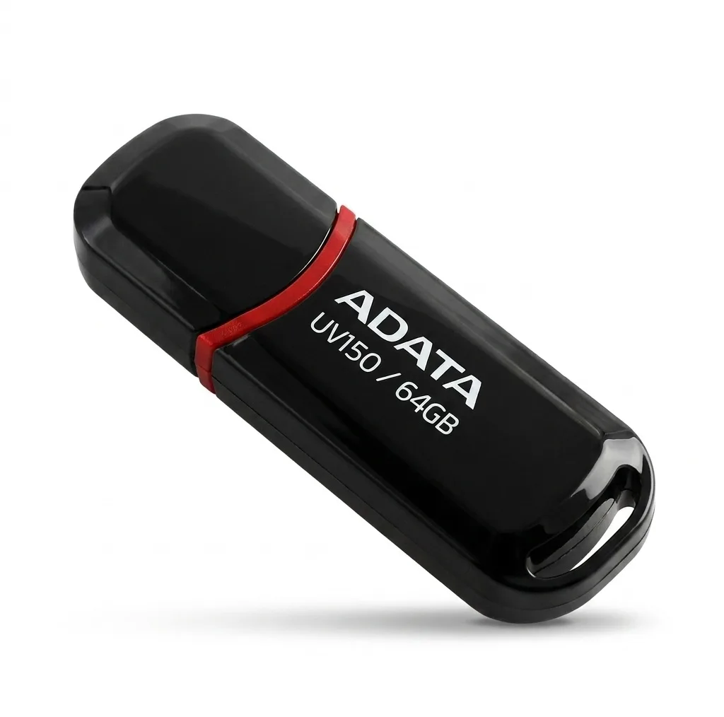 فلش مموری ای دیتا مدل UV150 ظرفیت 64 گیگابایت، رابط USB 3.2 Gen1 با سرعت خواندن 100 مگابایت بر ثانیه، درپوش‌دار، سازگار با ویندوز، مک و لینوکس، مناسب موبایل، تبلت، لپ‌تاپ و تلویزیون