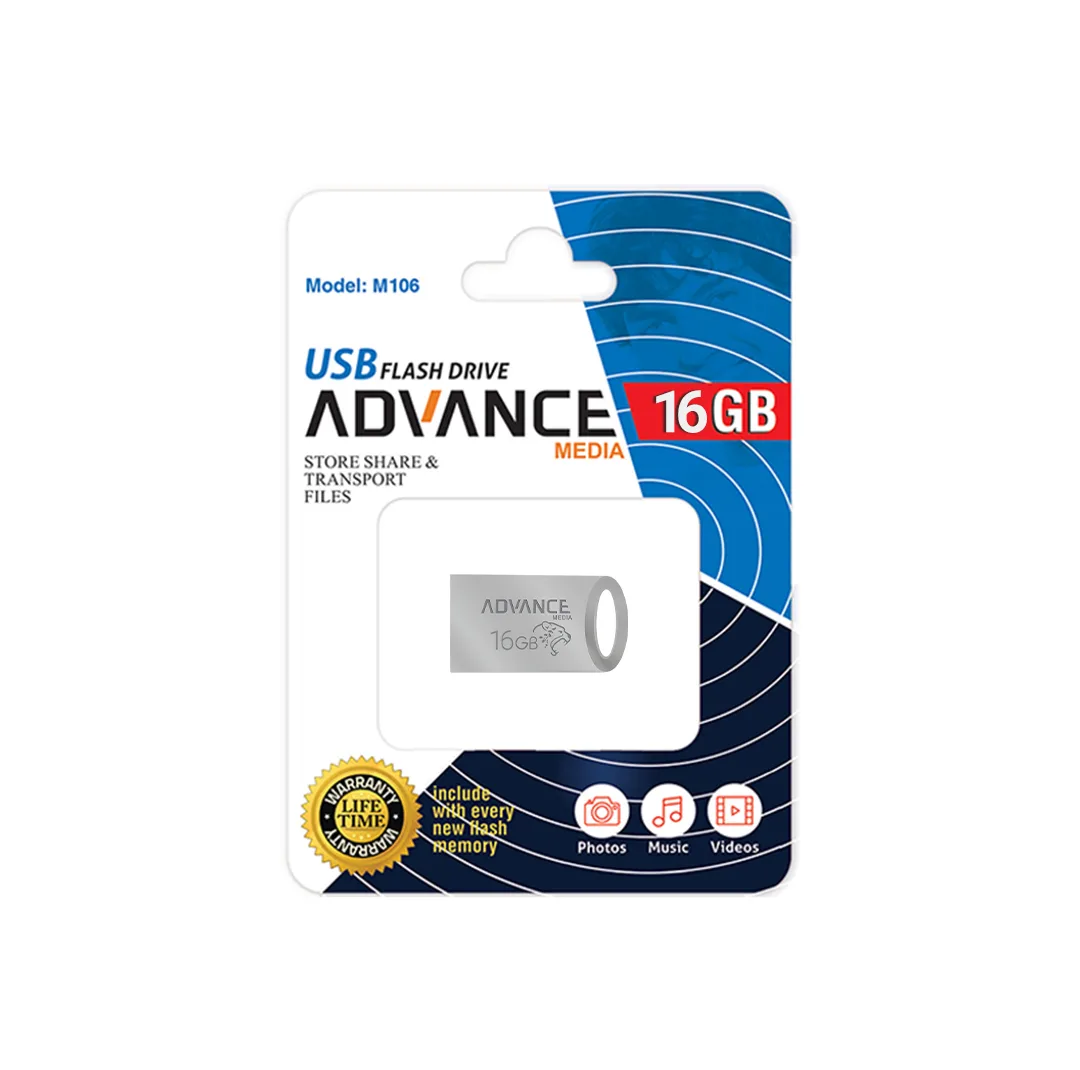 فلش مموری 16 گیگابایت ادونس مدل M-106 با رابط USB 2.0 Type-A، بدنه فلزی و طراحی بندانگشتی با بند آویز