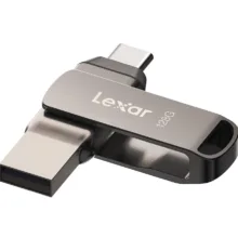 فلش مموری لکسار مدل JumpDrive Dual Drive D400 ظرفیت 64 گیگابایت با رابط USB 3.1 Type-C و Type-A، بدنه فلزی مقاوم در برابر آب، ضربه، شوک و گرد و غبار، سرعت انتقال تا 130 مگابایت بر ثانیه و قابلیت رمزگذاری خودکار داده‌ها