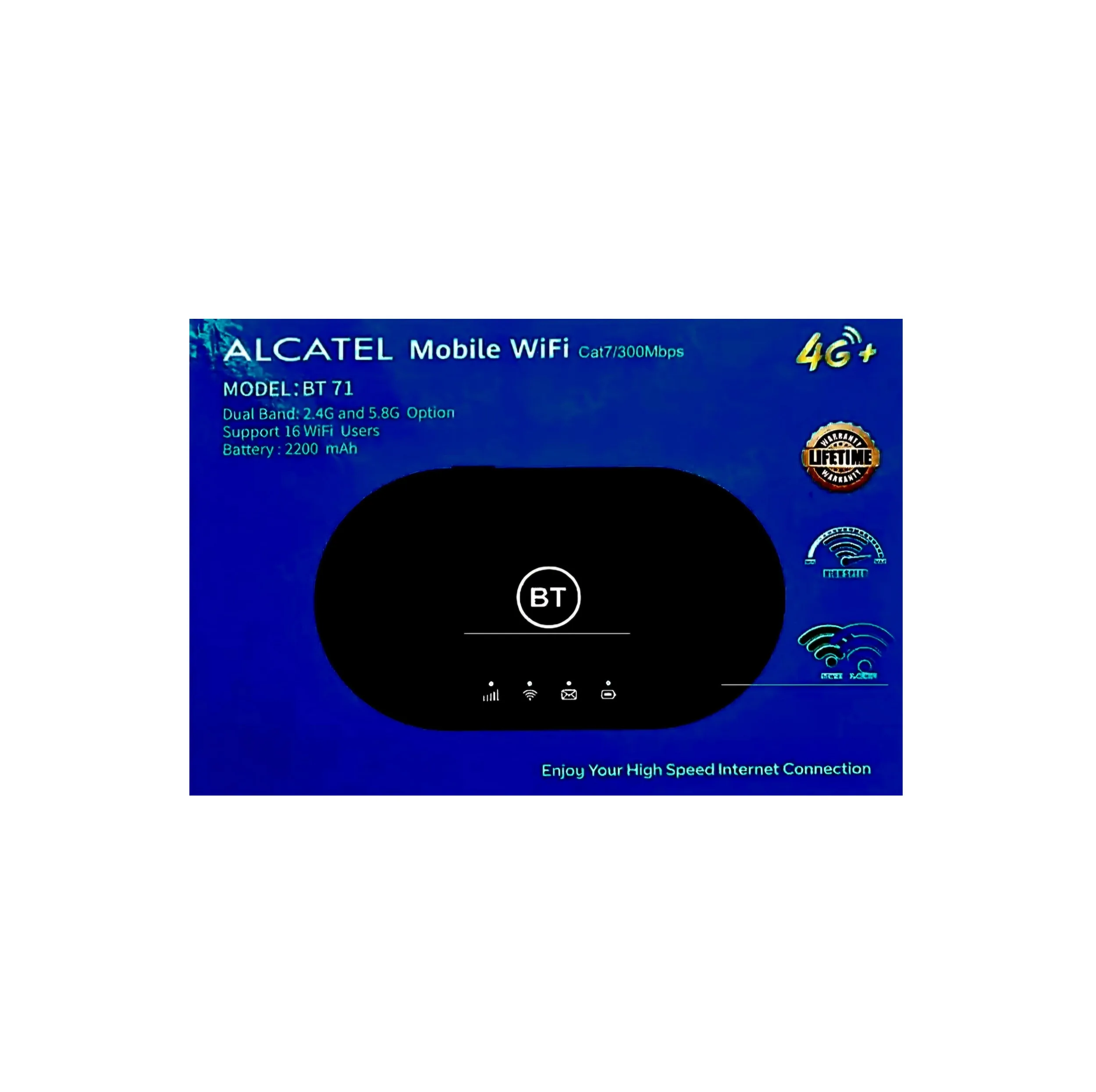 مودم بی‌سیم قابل حمل آلکاتل مدل BT71 با پشتیبانی از 4.5G، سرعت دانلود 300Mbps، اتصال تا 20 کاربر، باتری لیتیوم یونی 2150 میلی‌آمپرساعت، وای‌فای دو بانده N و AC و پشتیبانی از پیامک فارسی