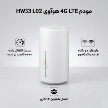 مودم 4G LTE سیمکارتی هوآوی مدل HW33 L02 با پشتیبانی شبکه TD-LTE و FDD، دو پورت گیگابیت LAN، وای‌فای دو بانده 2.4GHz و 5GHz، سرعت انتقال داده 440 مگابیت بر ثانیه و قابلیت اتصال همزمان 64 کاربر