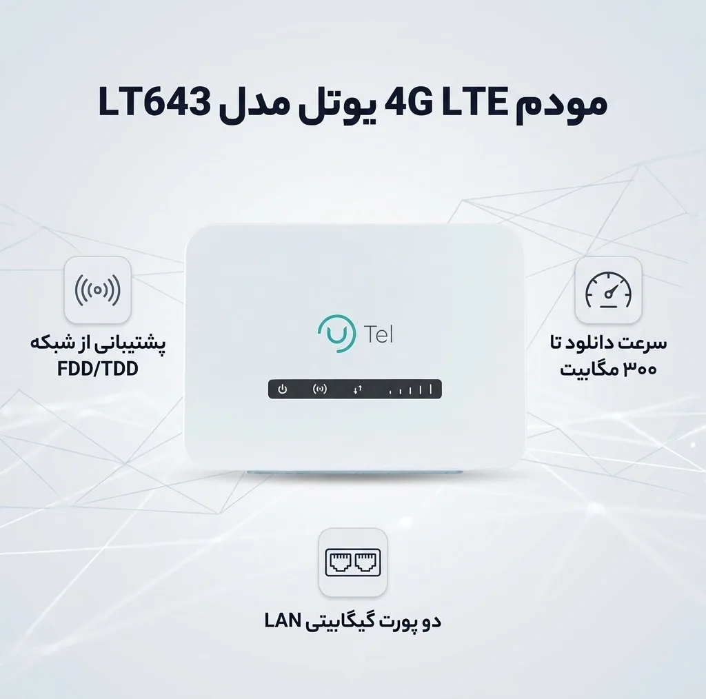 مودم 4G LTE یوتل مدل LT643 با اتصال FDD/TDD، سرعت دانلود تا 300 مگابیت، دو پورت گیگابیتی LAN، فایروال