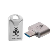 فلش مموری 32 گیگابایت کوئین تک مدل RACE USB3 C-PLUS با رابط USB 3.0، بدنه فلزی مقاوم در برابر آب، ضربه، شوک، لرزش و گرد و غبار به همراه مبدل OTG USB Type-C