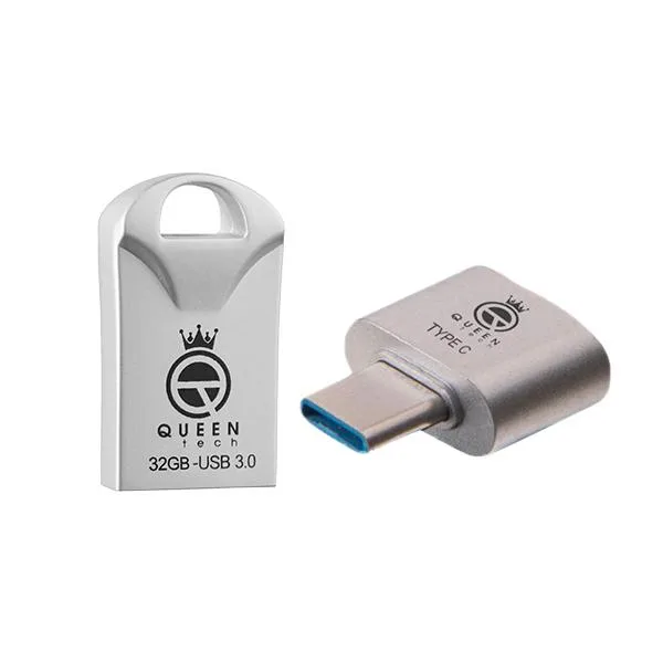 فلش مموری 32 گیگابایت کوئین تک مدل RACE USB3 C-PLUS با رابط USB 3.0، بدنه فلزی مقاوم در برابر آب، ضربه، شوک، لرزش و گرد و غبار به همراه مبدل OTG USB Type-C