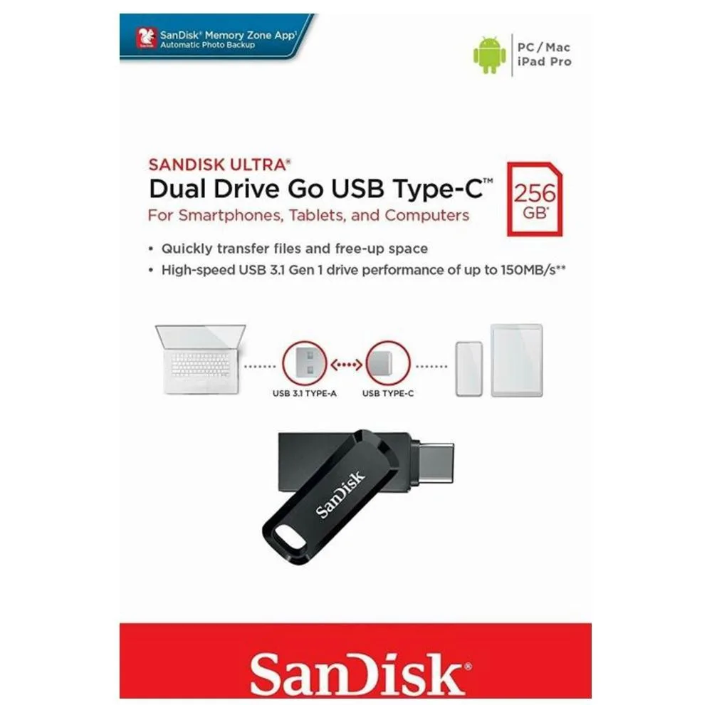 فلش مموری سن دیسک Ultra Dual Drive Go ظرفیت 256 گیگابایت با درگاه USB Type-C مقاوم در برابر خش، شوک، لرزش و گرد و غبار