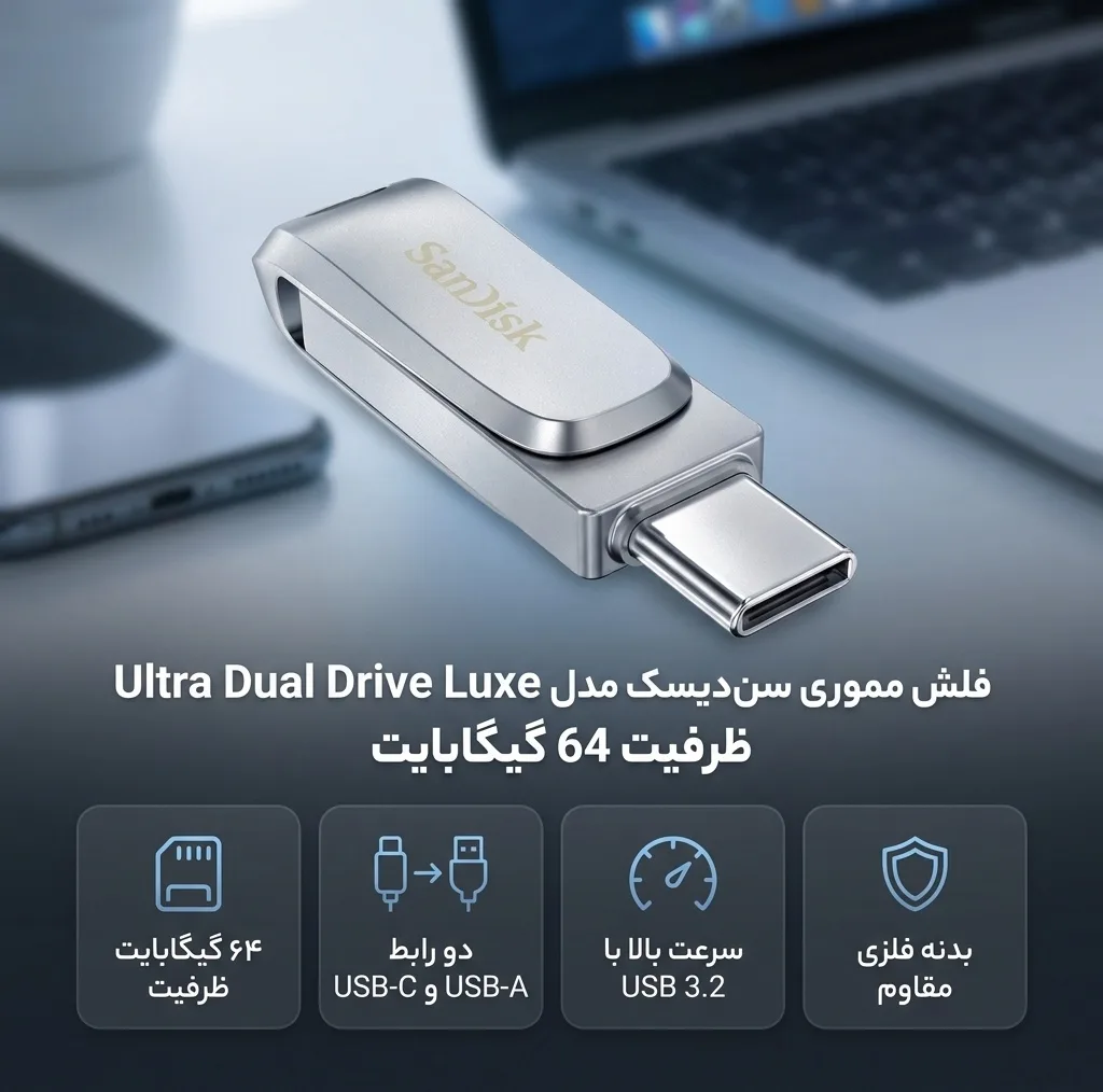 فلش مموری 64 گیگابایت سن دیسک مدل Ultra Dual Drive Luxe با 2 رابط USB Type-A و USB Type-C، استاندارد USB سهنقطهدو نسل 1، طراحی چرخشی و بدنه فلزی