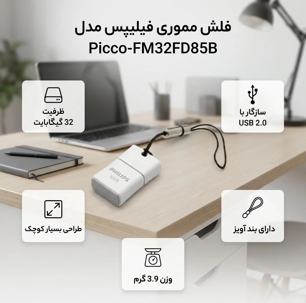 فلش مموری فیلیپس سری Picco مدل FM32FD85B ظرفیت 32 گیگابایت با رابط USB 2.0، درپوش محافظ و بند قابل جداشدن