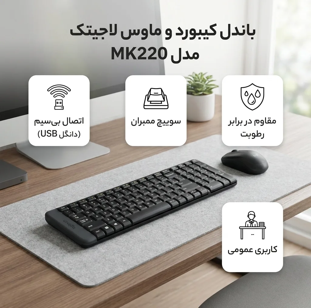 کیبورد و ماوس بیسیم لاجیتک مدل MK220، سوییچ ممبران ، Tenkeyless