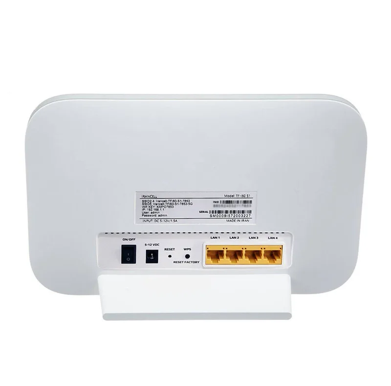 مودم 4G TD-LTE ایرانسل مدل TF-i60 S1 با سیم کارت و 300 گیگابایت اینترنت 6 ماهه، پشتیبانی همزمان 32 کاربر، 4 پورت LAN، چهار شبکه بی‌سیم مستقل، سرعت دانلود 300 مگابیت بر ثانیه و آنتن 5dBi