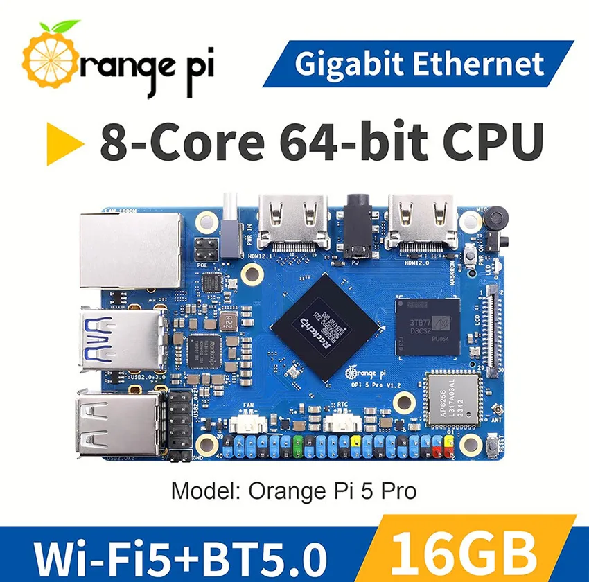 کامپیوتر کوچک اورنج پای مدل پرو با پردازنده Cortex 8core 64-bit processor حافظه بدون حافظه داخلی با ظرفیت بدون حافظه داخلی رم LPDDR5 با ظرفیت 16 گیگابایت پردازنده گرافیکی ARM