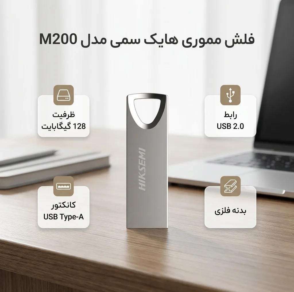 فلش مموری هایک‌سمی مدل M200 ظرفیت 128 گیگابایت با رابط USB 2.0 و Type-A، بدنه فلزی مقاوم