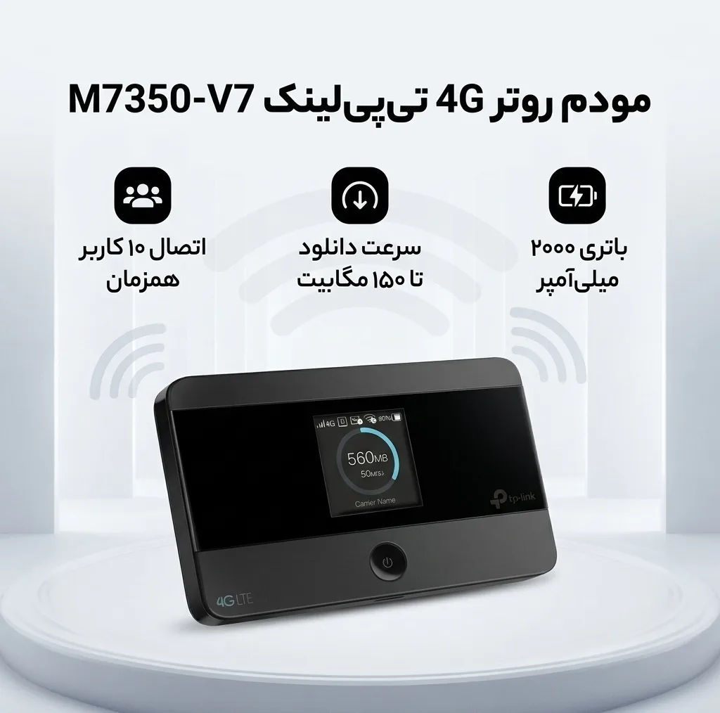 مودم روتر 4G تی‌پی‌لینک مدل M7350-V7 با باتری 2000 میلی‌آمپر، پشتیبانی از اتصال 10 کاربر همزمان، سرعت دانلود تا 150 مگابیت، نمایشگر اطلاعات ترافیک و وضعیت شبکه، سازگار با سیستم‌عامل‌های Windows، Mac OS، Android و iOS