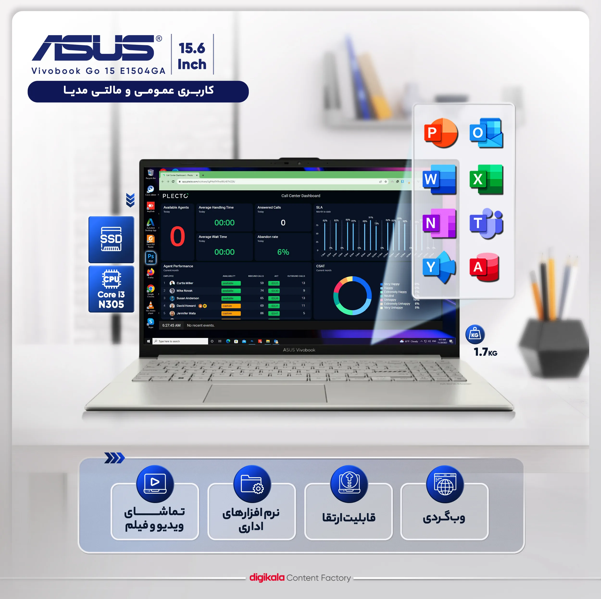 لپ‌تاپ ایسوس مدل Vivobook Go 15 E1504GA-NJ558 با پردازنده Core i3- N305، رم DDR4 4GB با فرکانس 3200MHz، حافظه SSD با ظرفیت 256GB، نمایشگر 15.6 اینچ IPS با وضوح Full HD