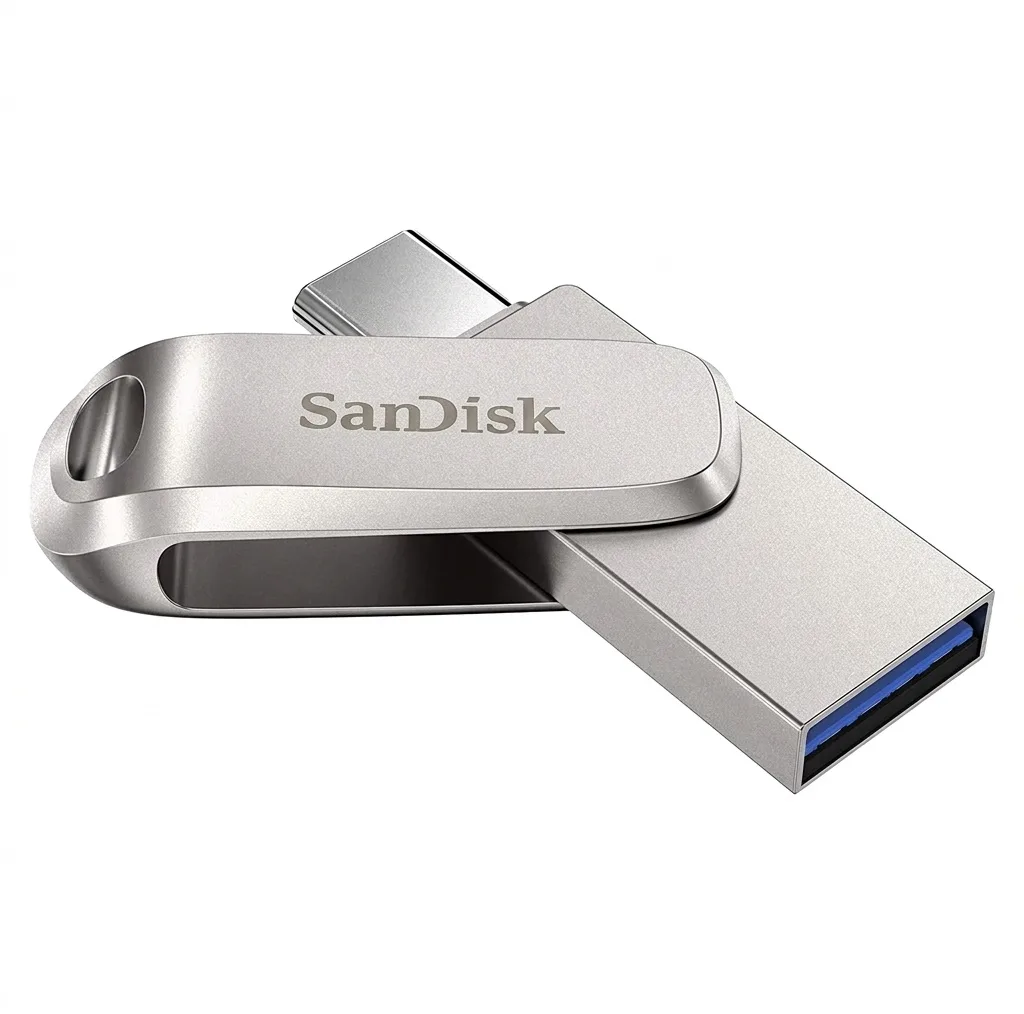 فلش مموری سن دیسک مدل Ultra Dual Drive Luxe ظرفیت 64 گیگابایت با دو رابط USB تایپ سی و USB 3.2 Gen1، بدنه فلزی چرخشی، سرعت انتقال 150 مگابایت بر ثانیه و سازگار با گوشی، تبلت، کامپیوتر و تلویزیون