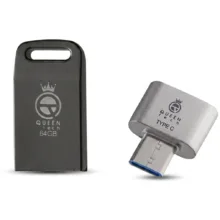 فلش مموری 64 گیگابایت کوئین تک مدل UNIQUE C-PLUS با بدنه فلزی و مبدل USB-C OTG