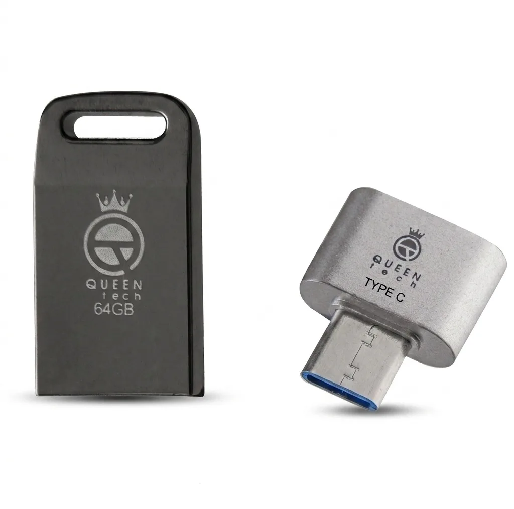 فلش مموری 64 گیگابایت کوئین تک مدل UNIQUE C-PLUS با بدنه فلزی و مبدل USB-C OTG