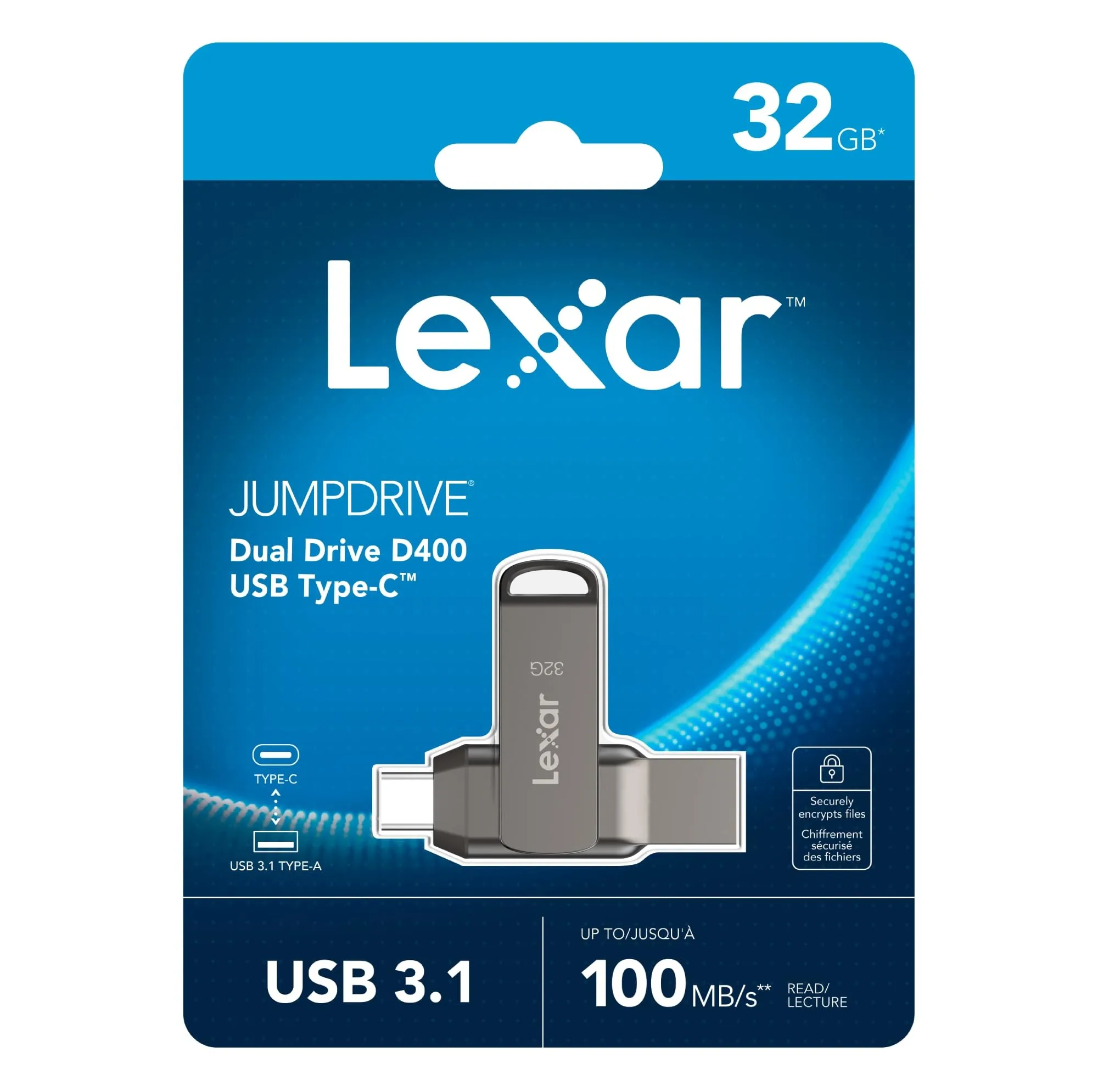 فلش مموری لکسار مدل JumpDrive Dual Drive D400 ظرفیت 32 گیگابایت، دو درگاه USB Type-C و Type-A، سرعت انتقال 130 مگابایت بر ثانیه، مقاوم در برابر آب، ضربه، شوک و گرد و غبار، بدنه فلزی چرخشی و رمزگذاری خودکار اطلاعات