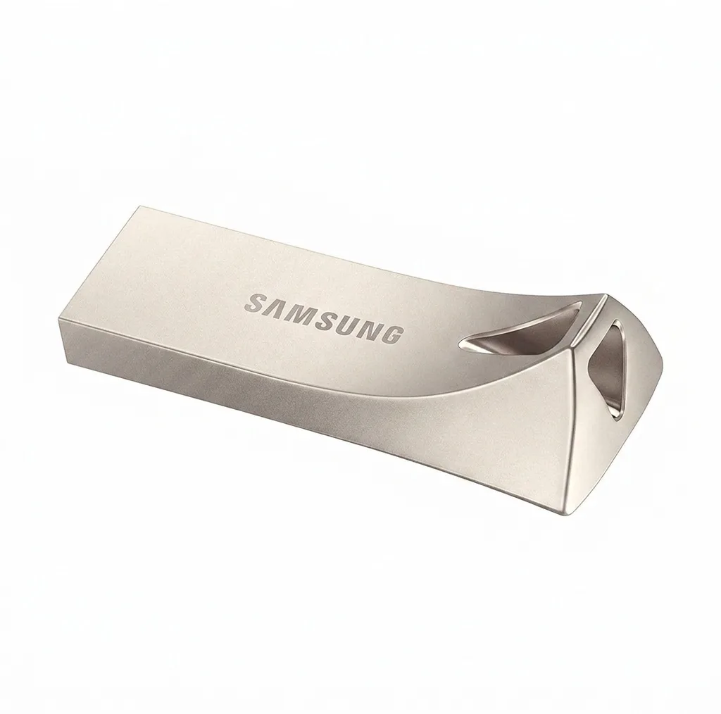 فلش مموری سامسونگ Bar Plus ظرفیت 64 گیگابایت USB 3.1 با بدنه فلزی مقاوم، سرعت انتقال 300 مگابایت بر ثانیه، ضد آب تا عمق یک متر، مقاوم در برابر ضربه، شوک، حرارت و مغناطیس