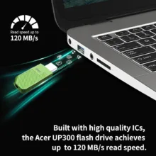 فلش مموری ایسر مدل UP300 ظرفیت 32 گیگابایت، رابط USB 3.2 Gen1، سرعت خواندن 120 مگابایت بر ثانیه، بدنه سبک و مقاوم، سازگار با ویندوز، مک و لینوکس، مناسب انتقال سریع و ذخیره‌سازی داده‌های حجیم