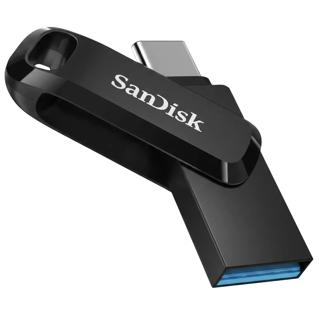 فلش مموری دو رابط سن دیسک مدل Ultra Dual Drive Go ظرفیت 128 گیگابایت با USB 3.2 Gen1، طراحی چرخشی، بدنه فلزی، سازگار با گوشی، تبلت، کامپیوتر و تلویزیون