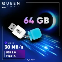 فلش مموری کوئین تک مدل ROOT ظرفیت 64 گیگابایت با رابط USB 2.0 و سرعت خواندن 25 مگابایت بر ثانیه، طراحی درپوش‌دار و بند آویز، سازگار با تمام سیستم‌عامل‌ها و دستگاه‌های مختلف