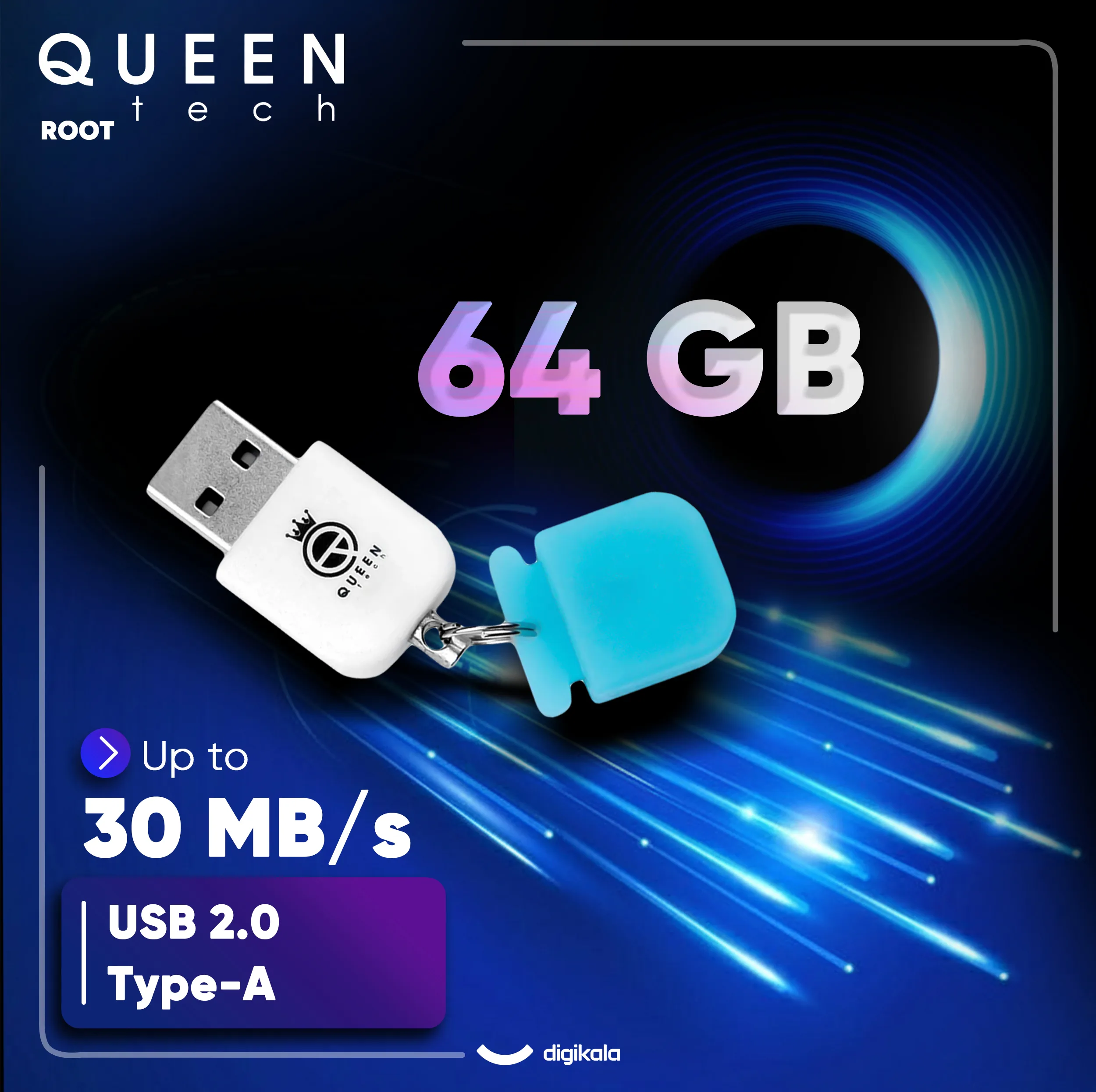 فلش مموری کوئین تک مدل ROOT ظرفیت 64 گیگابایت با رابط USB 2.0 و سرعت خواندن 25 مگابایت بر ثانیه، طراحی درپوش‌دار و بند آویز، سازگار با تمام سیستم‌عامل‌ها و دستگاه‌های مختلف