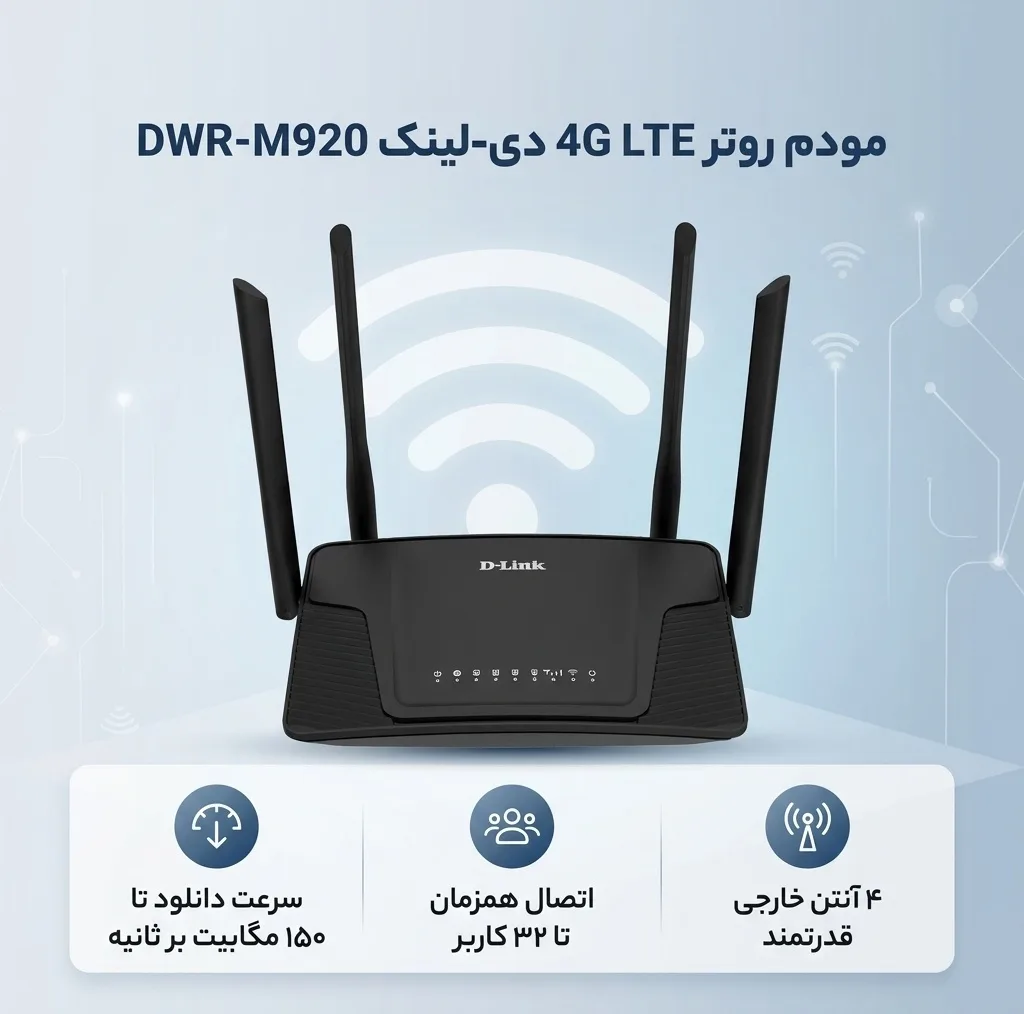 مودم روتر بی‌سیم 4G LTE دی-لینک مدل DWR-M920 با پشتیبانی از سیم‌کارت 3G/4G، سرعت تا 150 مگابیت بر ثانیه، پوشش کامل منزل با 4 آنتن خارجی، اتصال همزمان تا 32 کاربر و پورت‌های LAN و WAN RJ-45